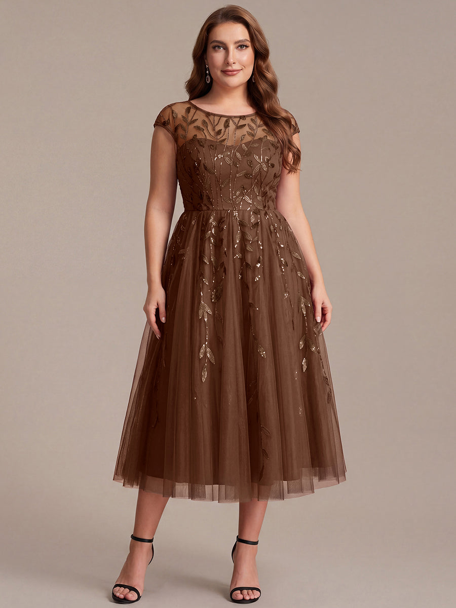 Tea L?nge A Linie Kleid Mit Rundhalsausschnitt Transparente Gestaltung Und Pailletten Kleid #Farbe_Braun