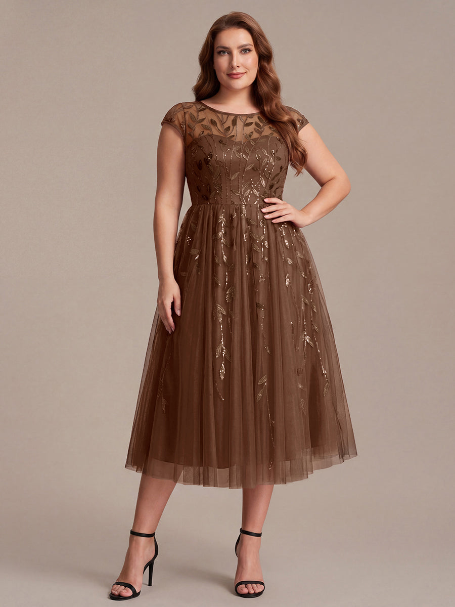 Tea L?nge A Linie Kleid Mit Rundhalsausschnitt Transparente Gestaltung Und Pailletten Kleid #Farbe_Braun