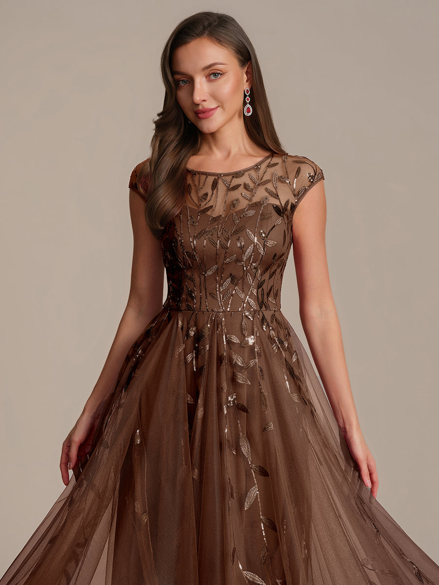 Tea L?nge A Linie Kleid Mit Rundhalsausschnitt Transparente Gestaltung Und Pailletten Kleid #Farbe_Braun