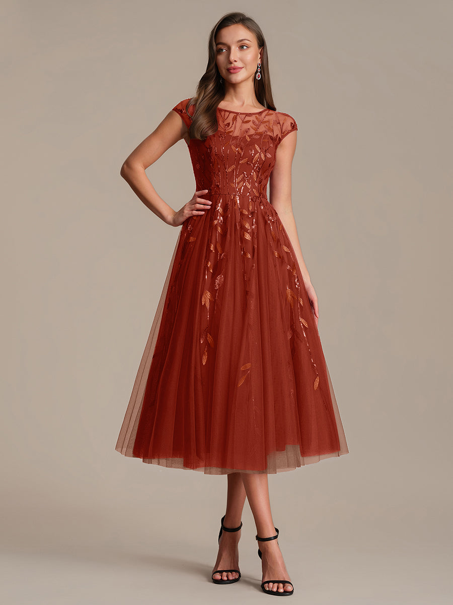 Tea L?nge A Linie Kleid Mit Rundhalsausschnitt Transparente Gestaltung Und Pailletten Kleid #Farbe_Gebranntes Orange