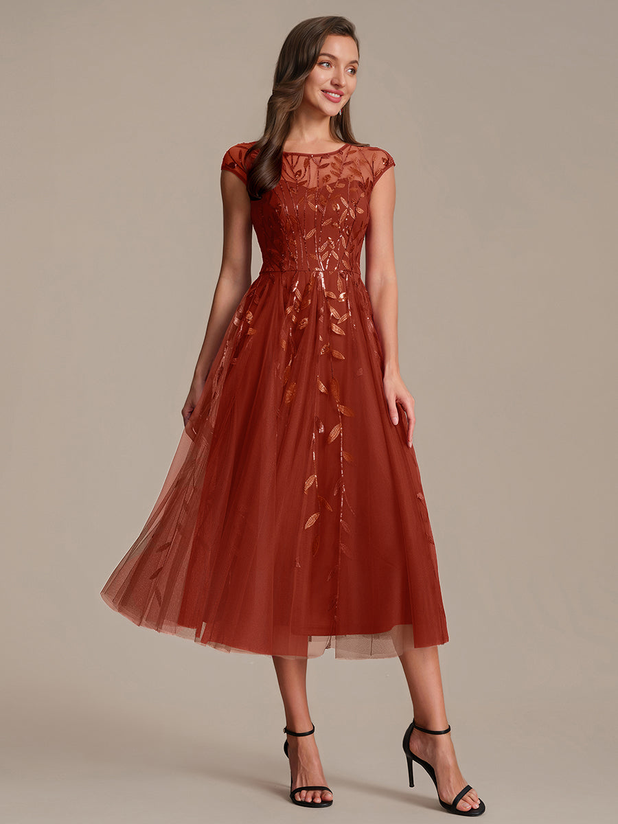Tea L?nge A Linie Kleid Mit Rundhalsausschnitt Transparente Gestaltung Und Pailletten Kleid #Farbe_Gebranntes Orange