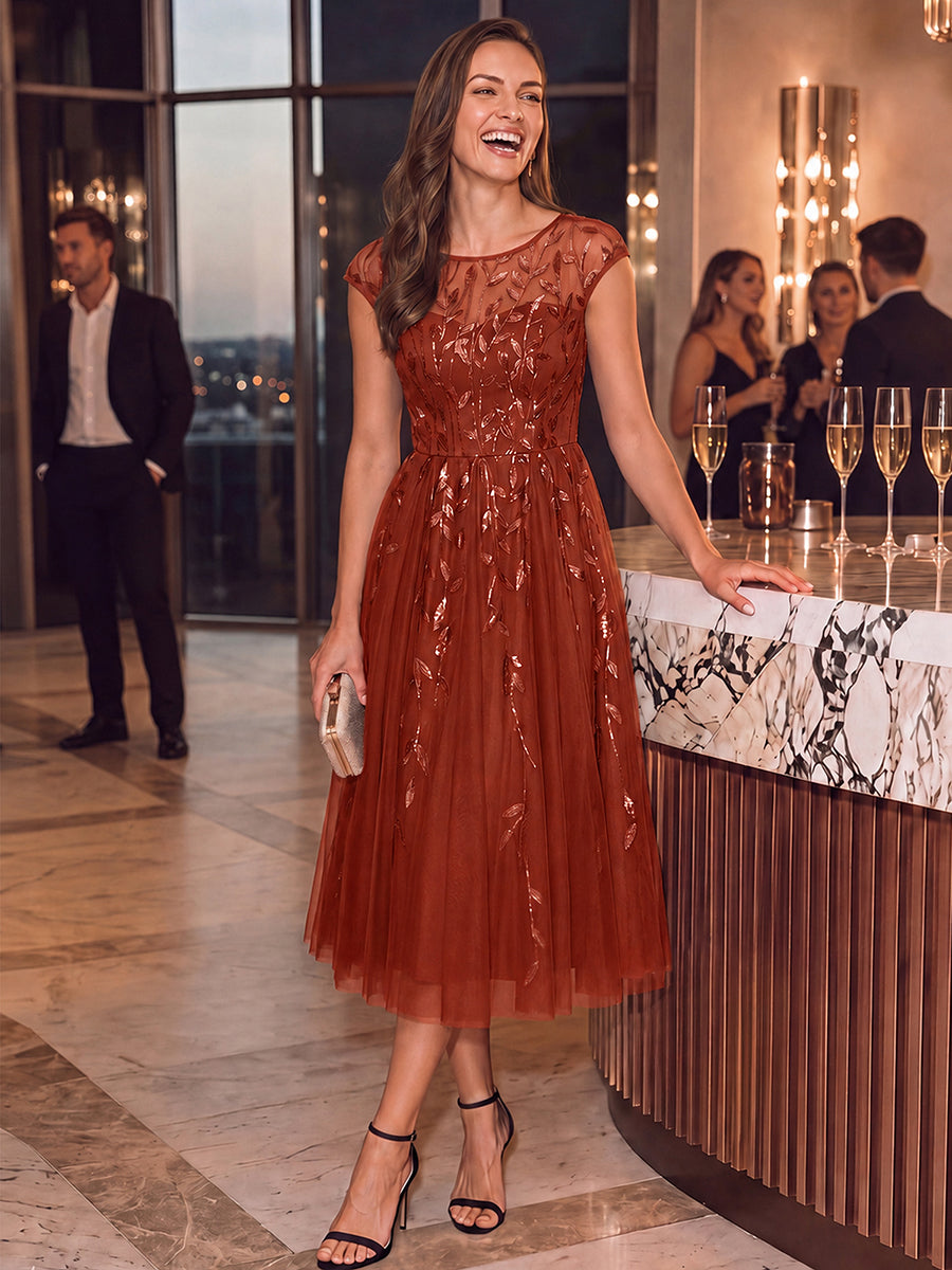 Tea L?nge A Linie Kleid Mit Rundhalsausschnitt Transparente Gestaltung Und Pailletten Kleid #Farbe_Gebranntes Orange