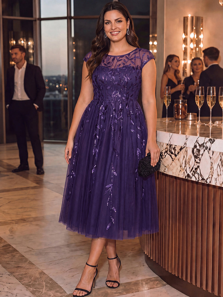 Tea L?nge A Linie Kleid Mit Rundhalsausschnitt Transparente Gestaltung Und Pailletten Kleid #Farbe_Dunkelviolett