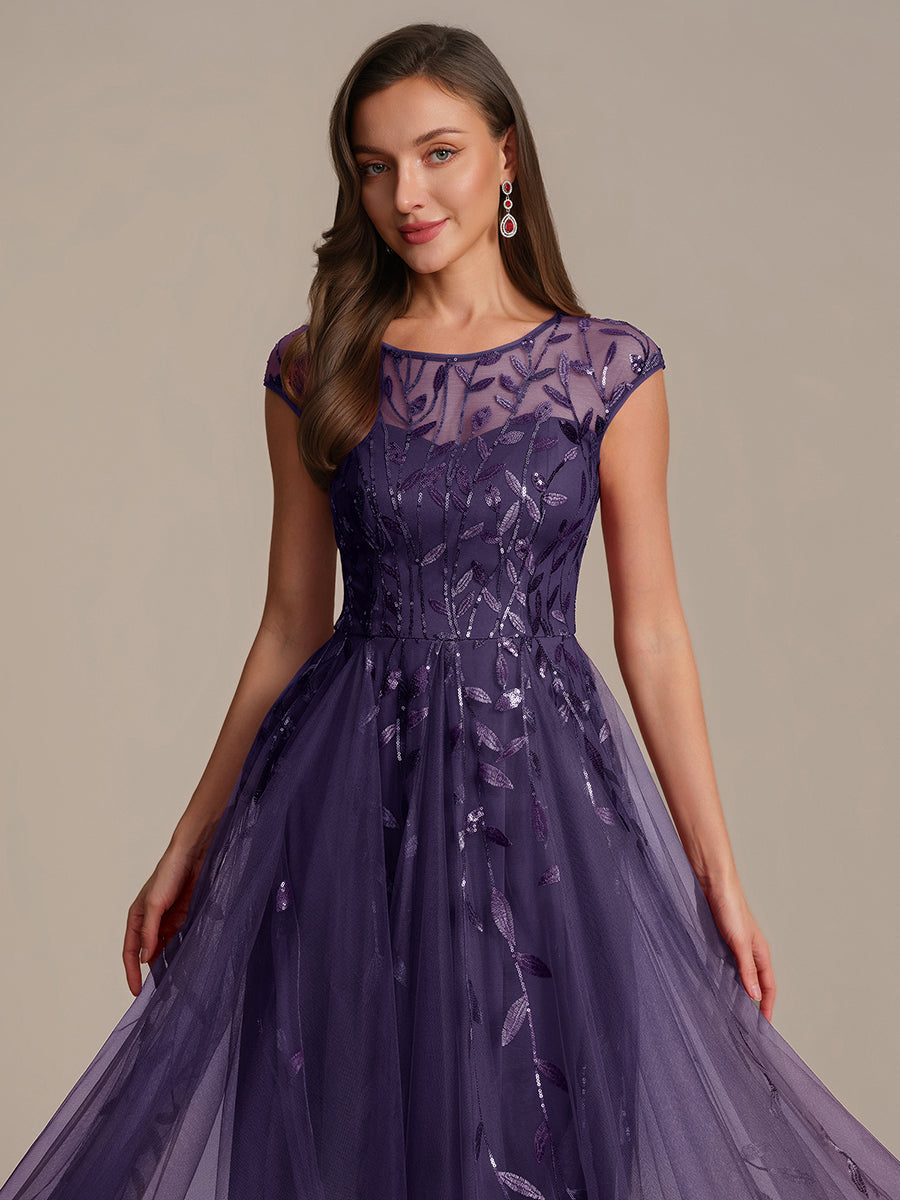 Tea L?nge A Linie Kleid Mit Rundhalsausschnitt Transparente Gestaltung Und Pailletten Kleid #Farbe_Dunkelviolett