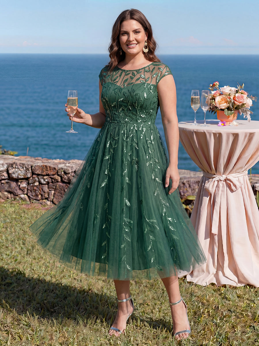 Tea L?nge A Linie Kleid Mit Rundhalsausschnitt Transparente Gestaltung Und Pailletten Kleid #Farbe_Eukalyptus