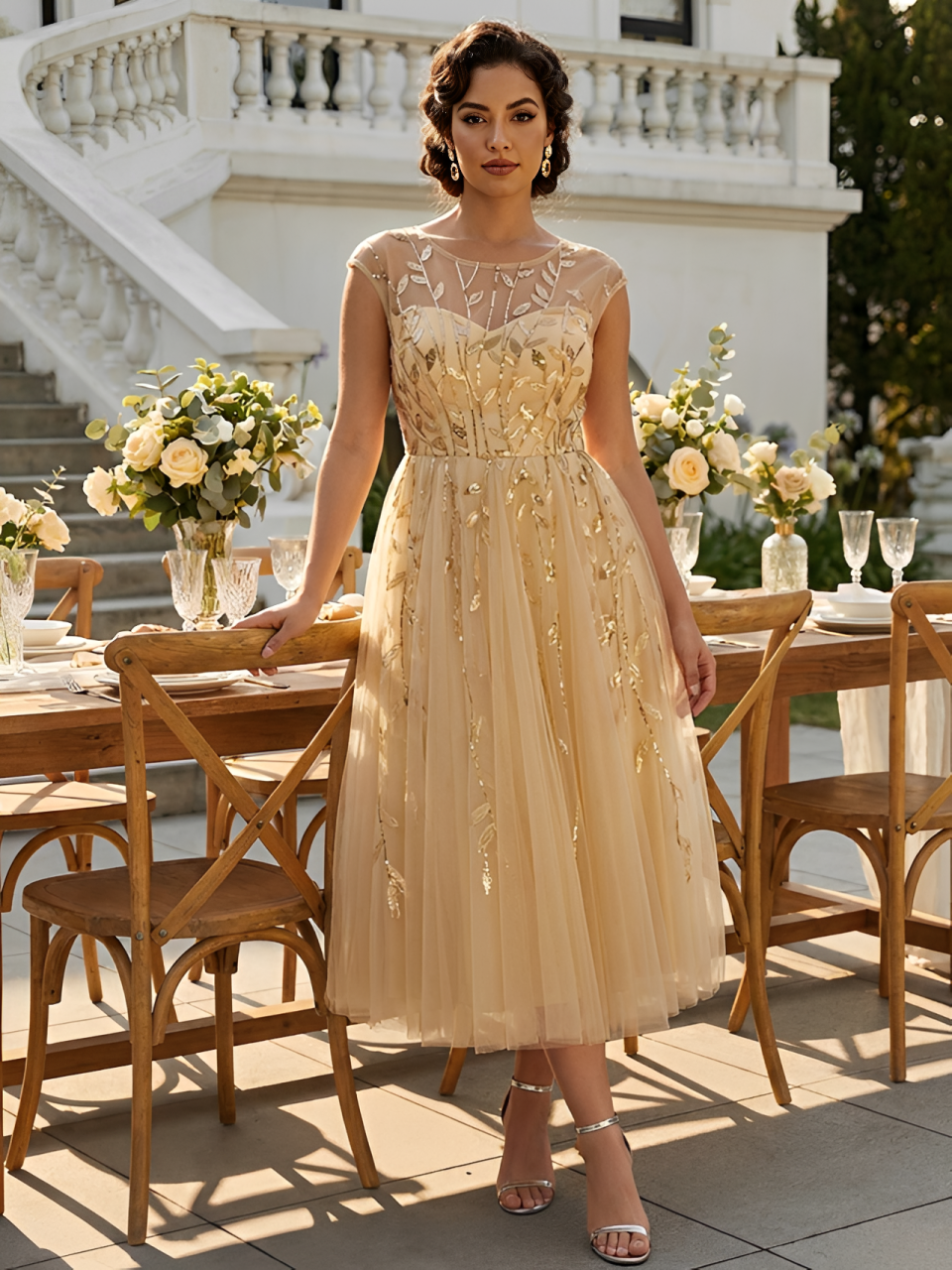 Tea L?nge A Linie Kleid Mit Rundhalsausschnitt Transparente Gestaltung Und Pailletten Kleid #Farbe_Gold