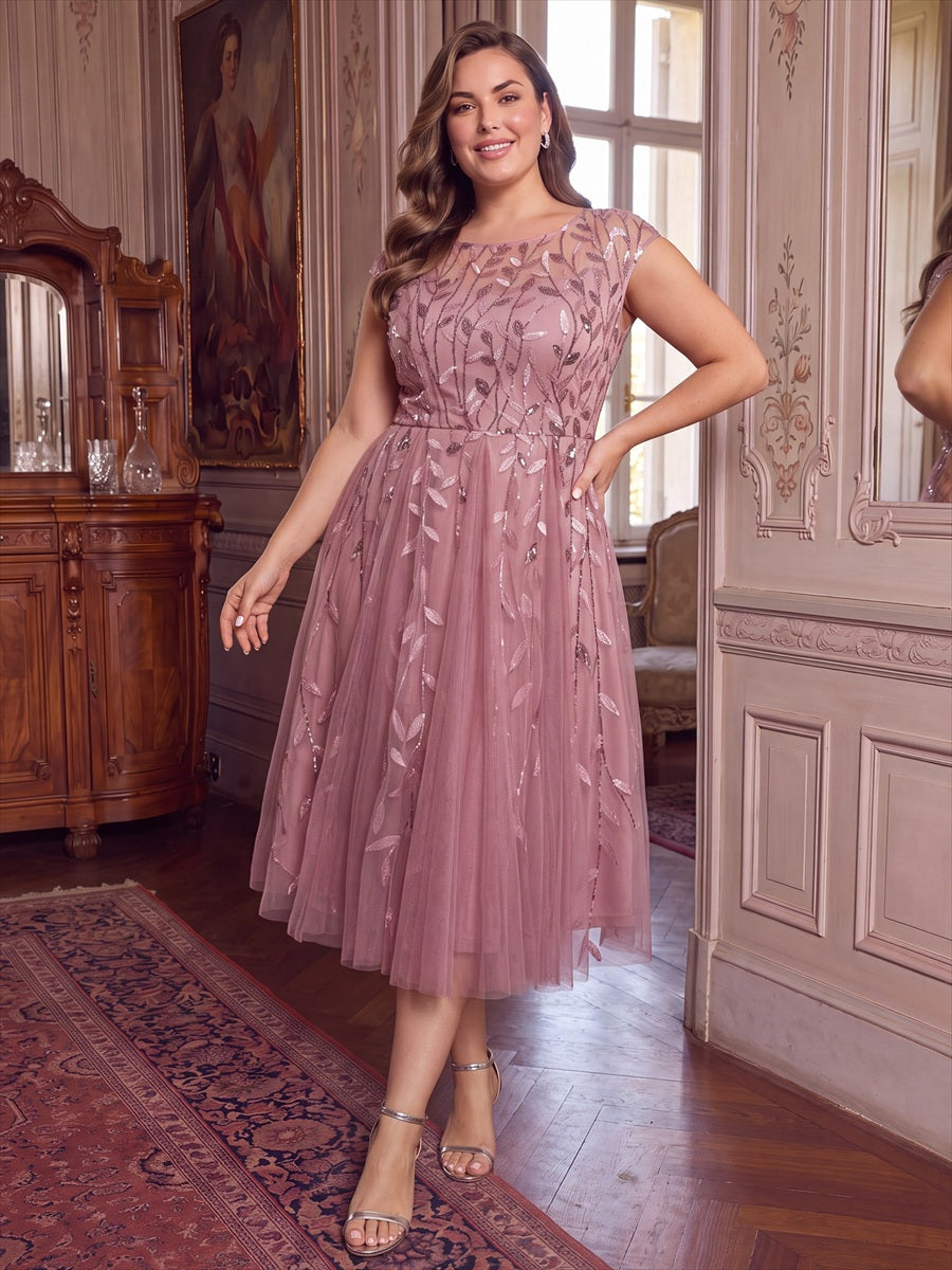 Tea L?nge A Linie Kleid Mit Rundhalsausschnitt Transparente Gestaltung Und Pailletten Kleid #Farbe_Orchideenviolett