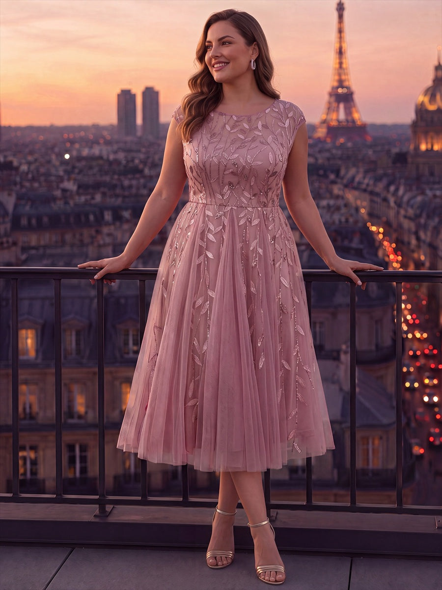 Tea L?nge A Linie Kleid Mit Rundhalsausschnitt Transparente Gestaltung Und Pailletten Kleid #Farbe_Orchideenviolett