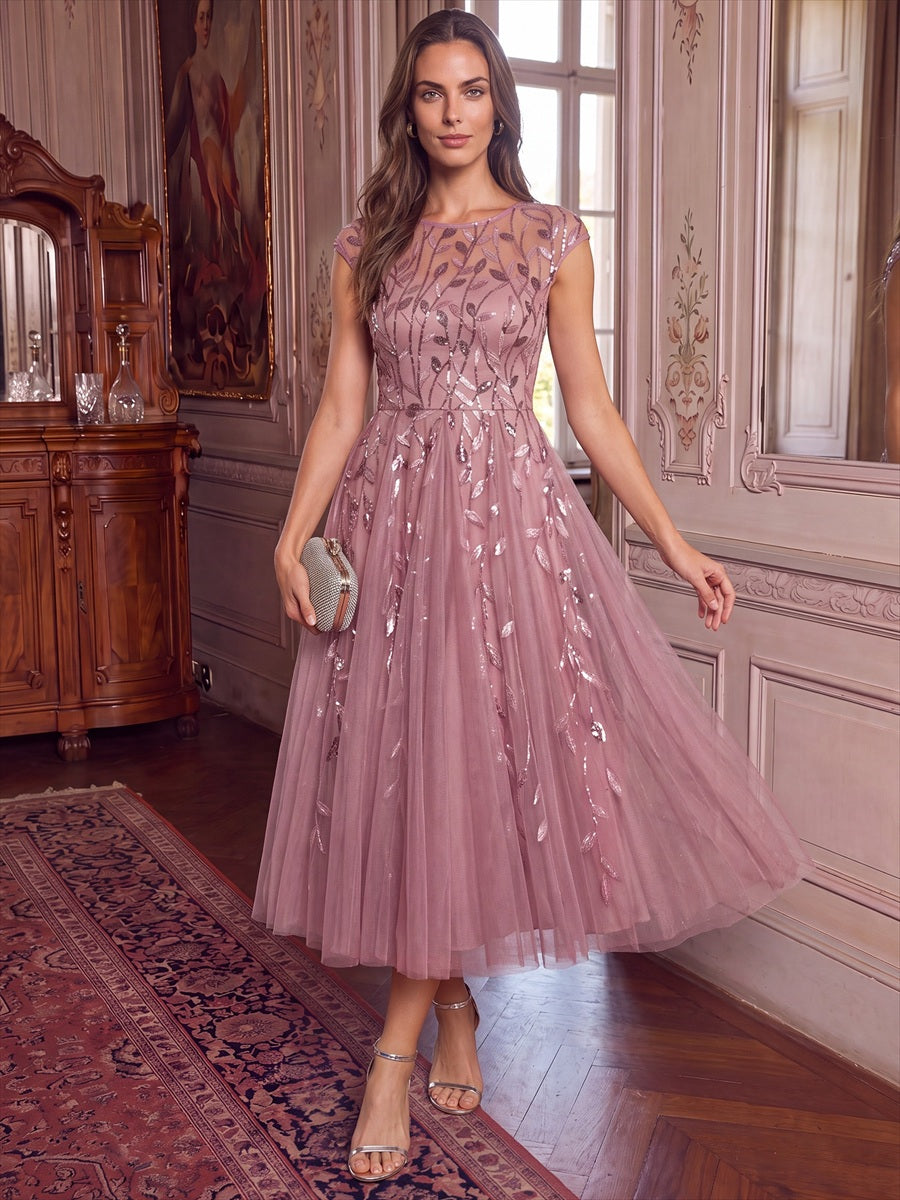 Tea L?nge A Linie Kleid Mit Rundhalsausschnitt Transparente Gestaltung Und Pailletten Kleid #Farbe_Orchideenviolett