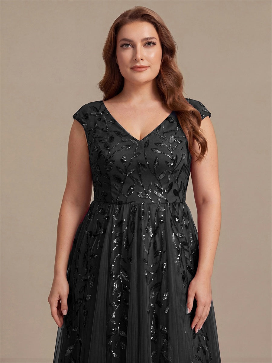 Midi Pailletten A-Linie Kleid Mit V-Ausschnitt Und Patchwork Details #Farbe_Schwarz