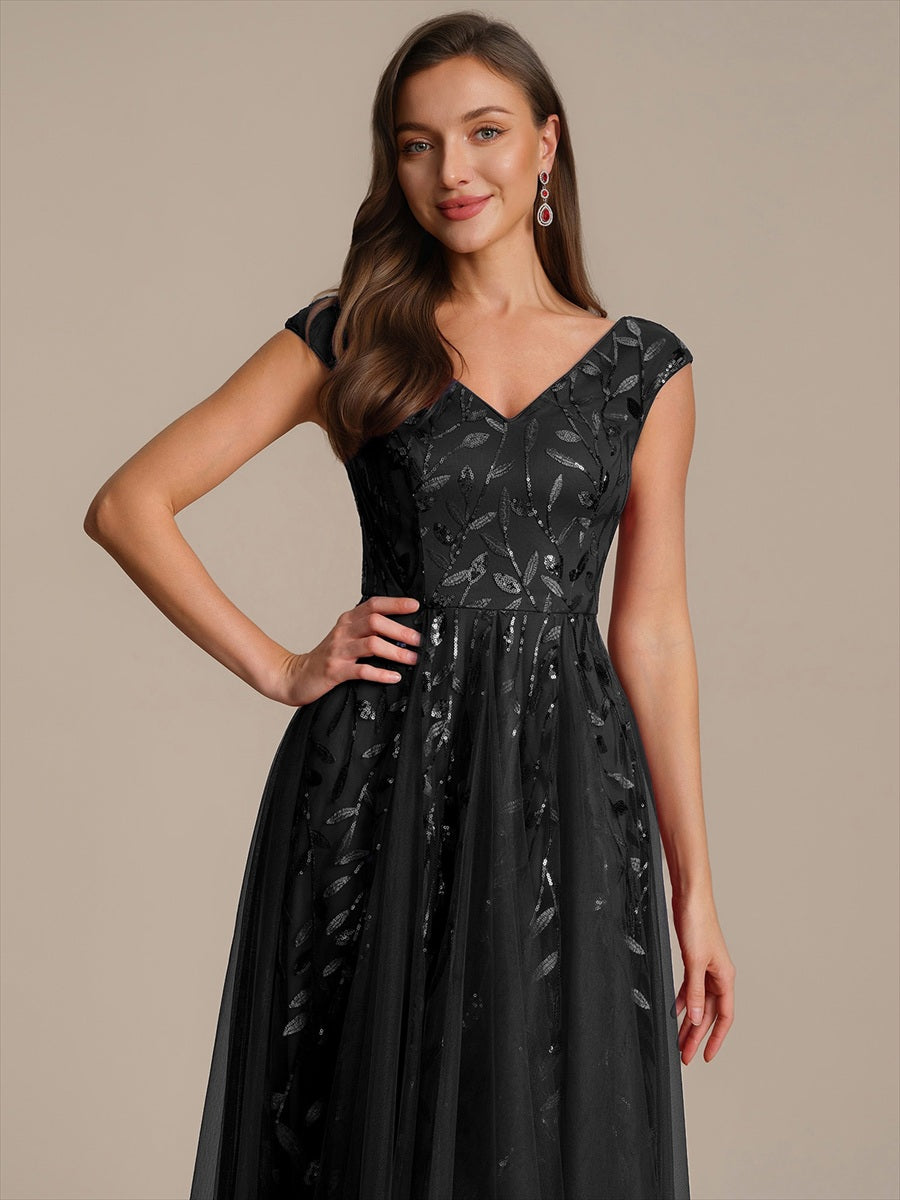 Midi Pailletten A-Linie Kleid Mit V-Ausschnitt Und Patchwork Details #Farbe_Schwarz