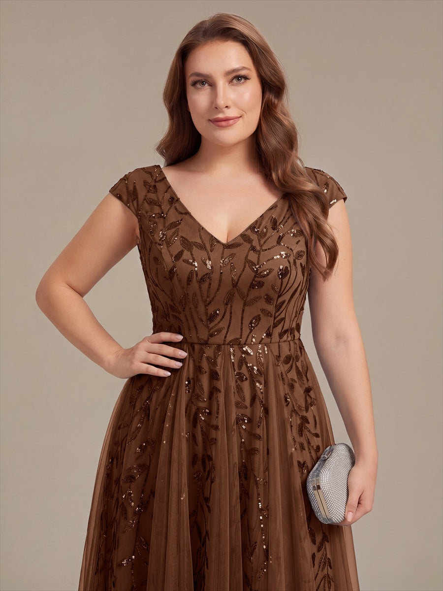 Midi Pailletten A-Linie Kleid Mit V-Ausschnitt Und Patchwork Details #Farbe_Braun