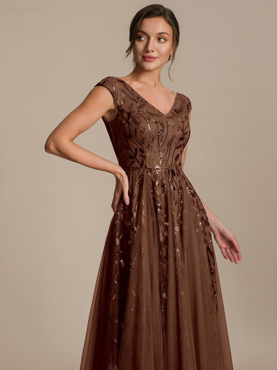 Midi Pailletten A-Linie Kleid Mit V-Ausschnitt Und Patchwork Details #Farbe_Braun