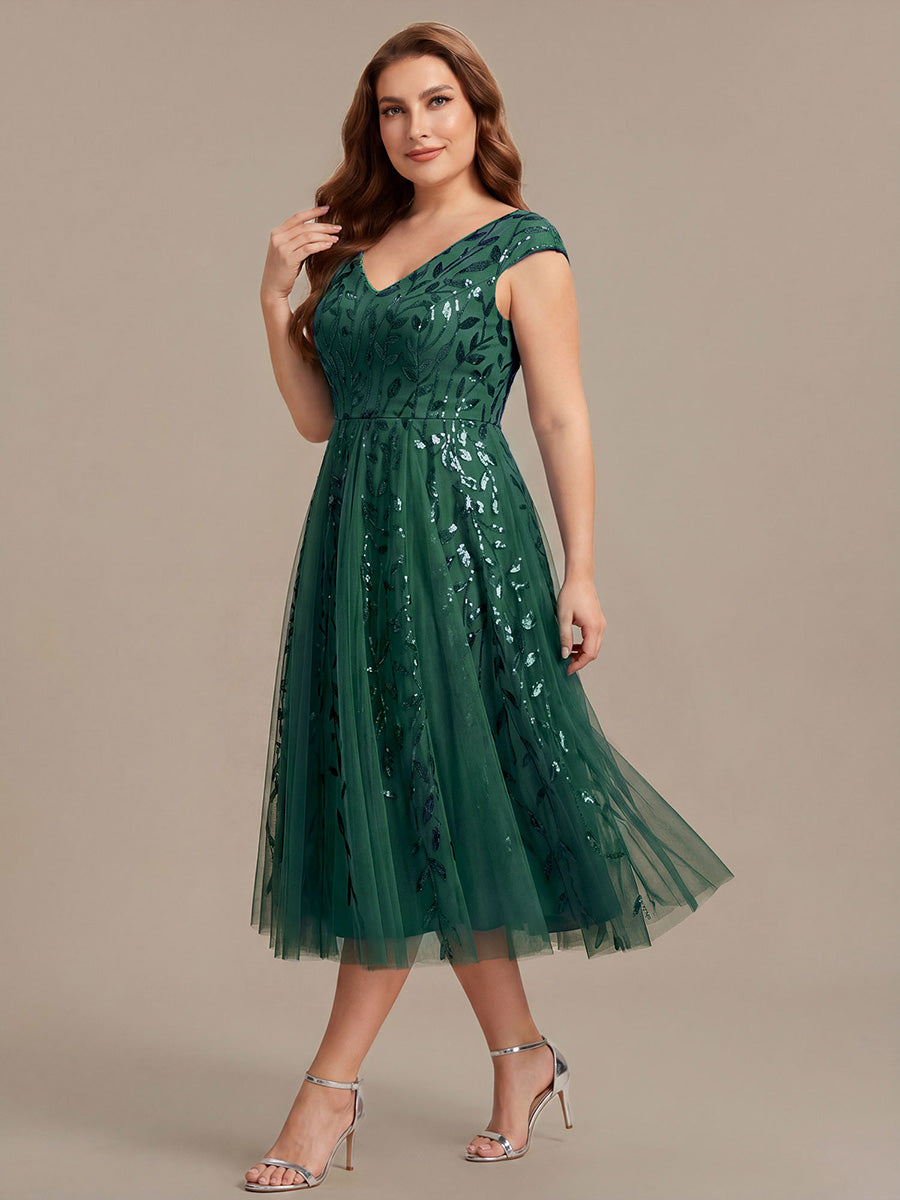Midi Pailletten A-Linie Kleid Mit V-Ausschnitt Und Patchwork Details #Farbe_Dunkelgrün