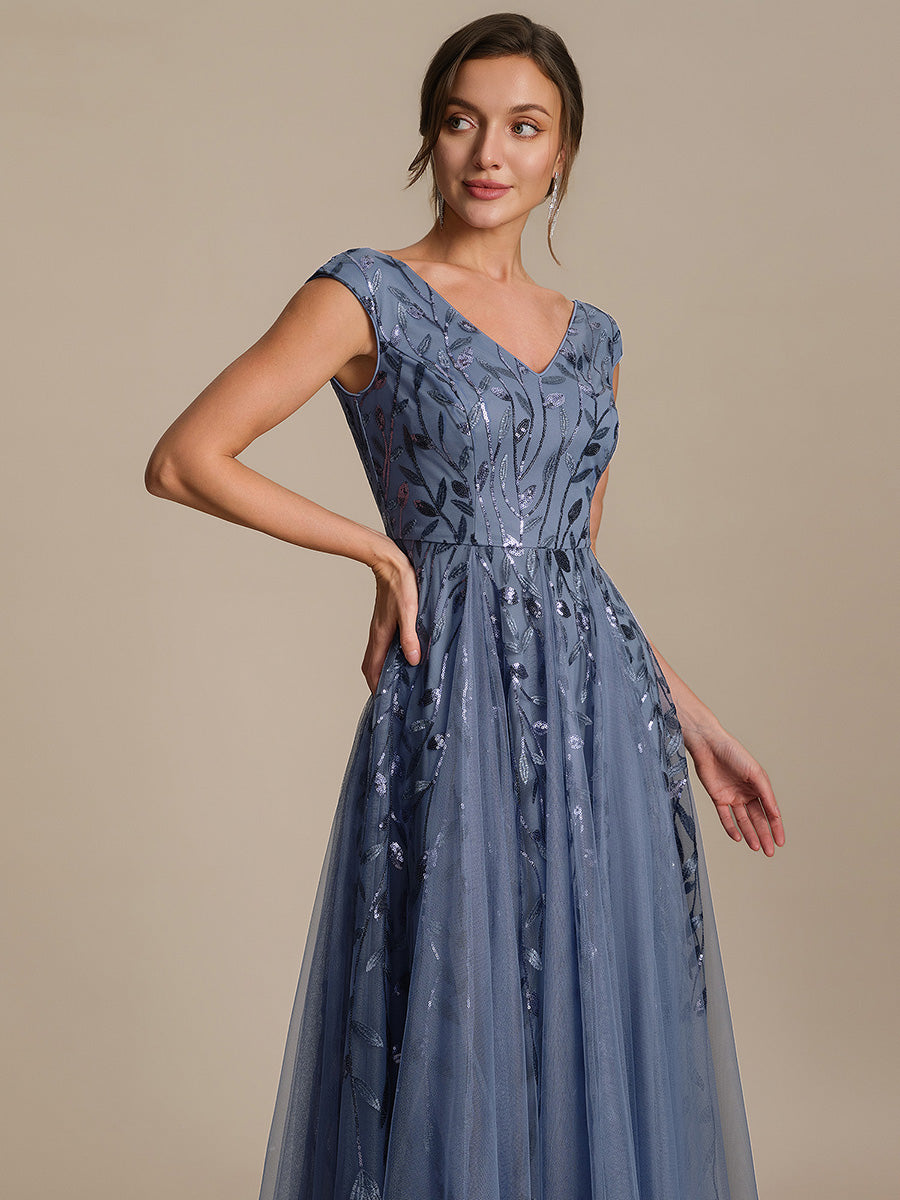 Midi Pailletten A-Linie Kleid Mit V-Ausschnitt Und Patchwork Details #Farbe_Taubenblau