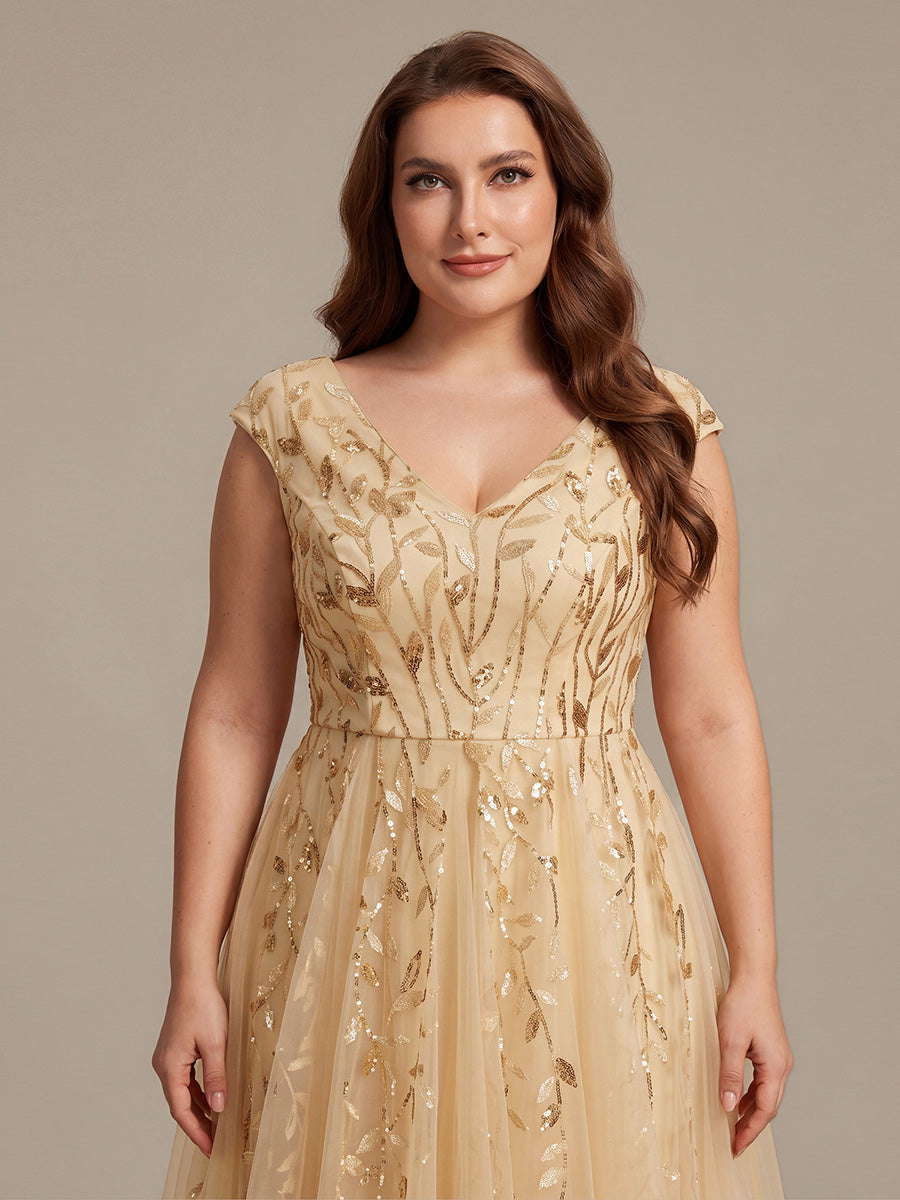 Midi Pailletten A-Linie Kleid Mit V-Ausschnitt Und Patchwork Details #Farbe_Gold