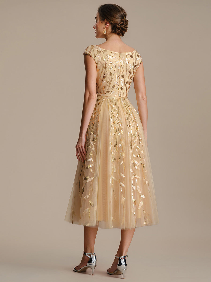 Midi Pailletten A-Linie Kleid Mit V-Ausschnitt Und Patchwork Details #Farbe_Gold