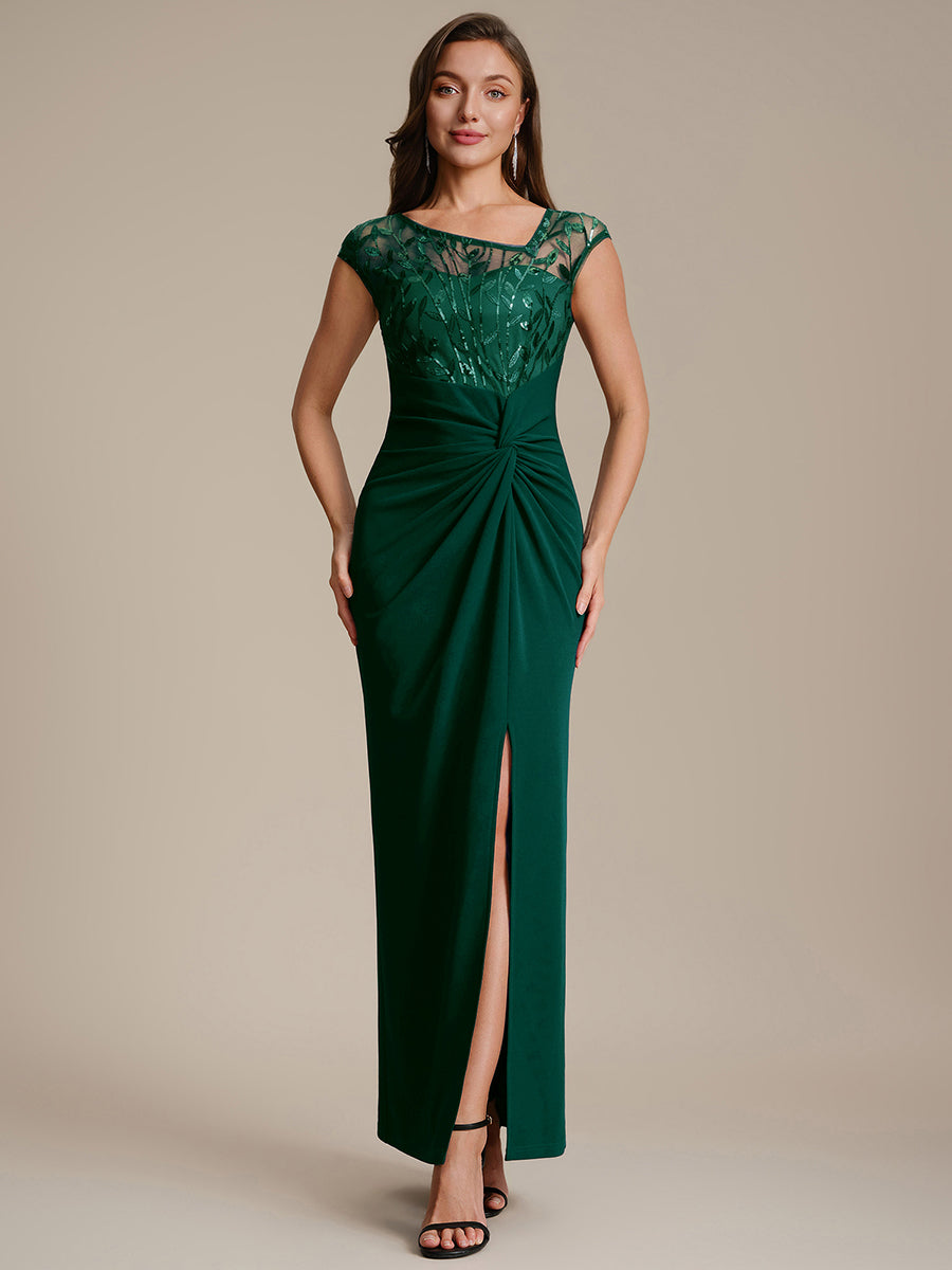 Maxi Asymmetrisches Bodycon Krepp Kleid Mit Oberschenkel Hohem Schlitz Und Pailletten Details Kleid #Farbe_Dunkelgrün