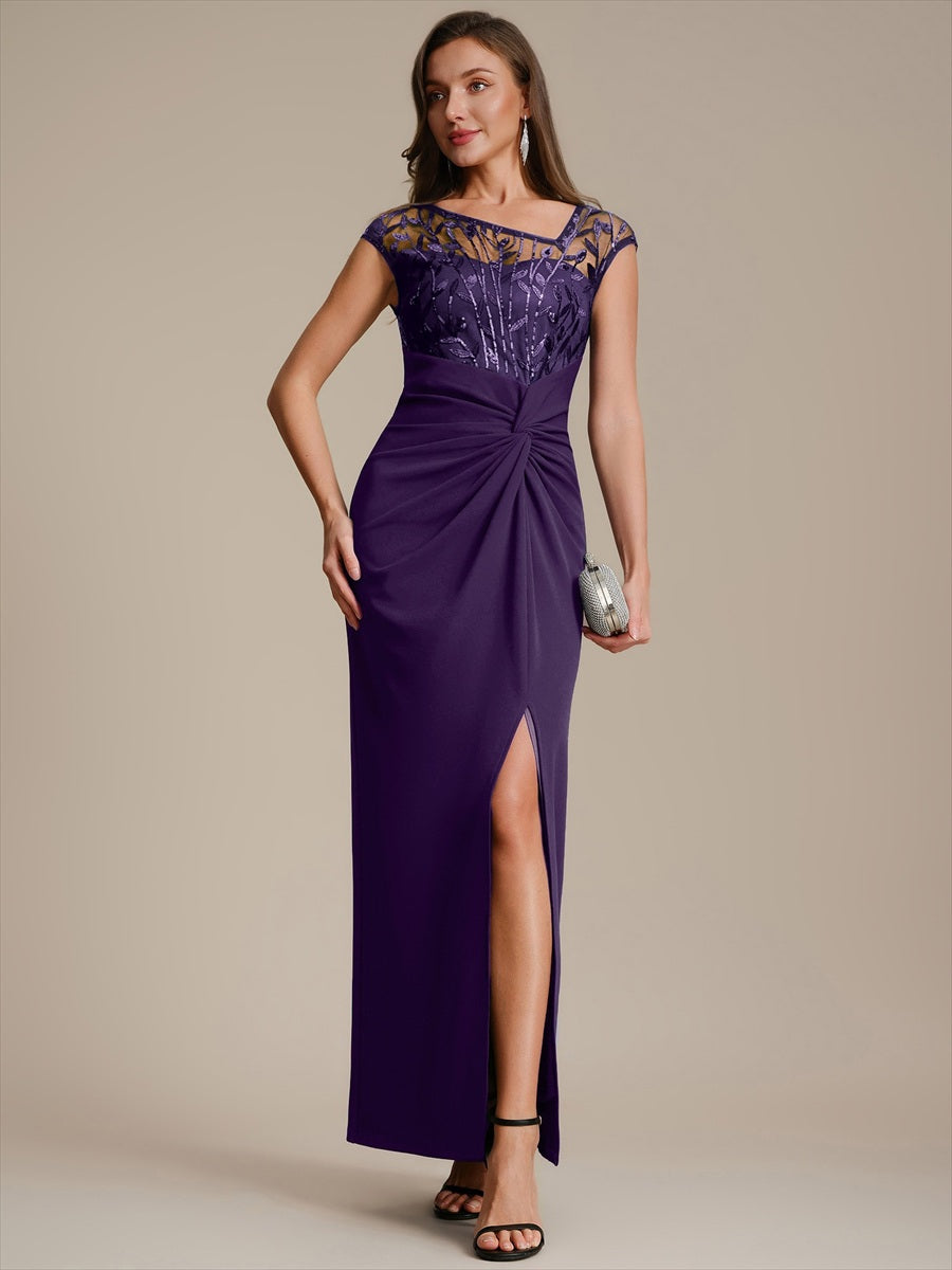 Maxi Asymmetrisches Bodycon Krepp Kleid Mit Oberschenkel Hohem Schlitz Und Pailletten Details Kleid #Farbe_Dunkelviolett
