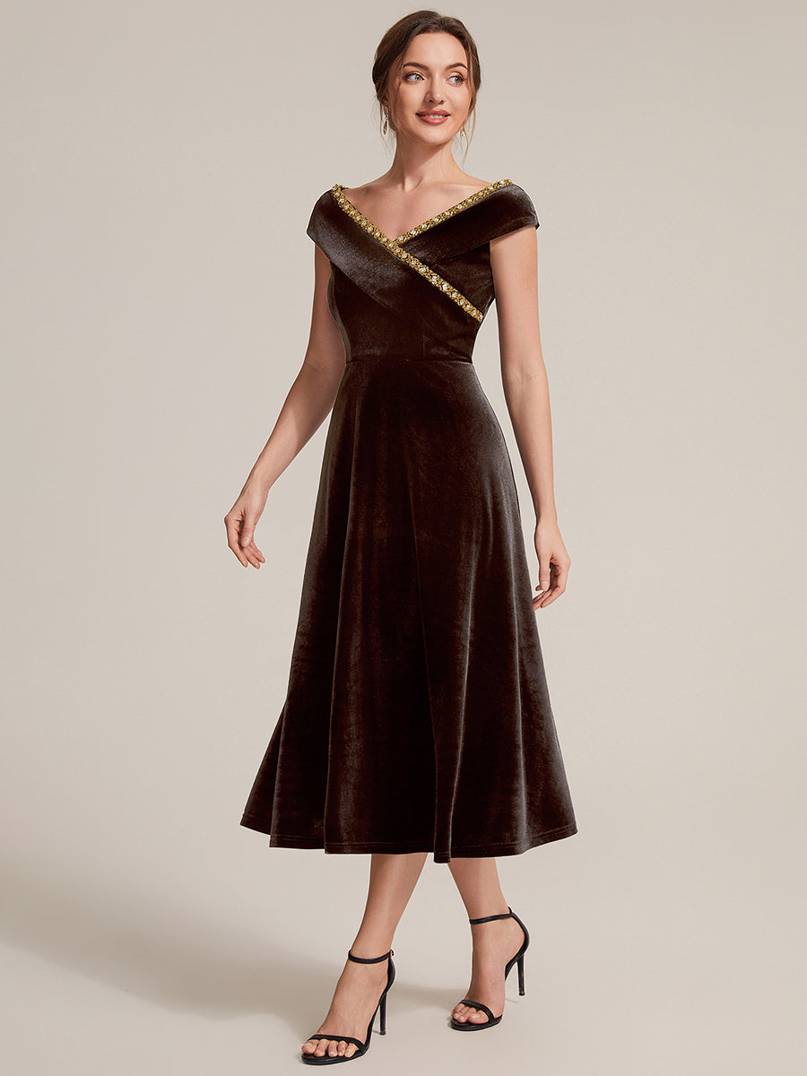 Samt V-Ausschnitt A-Linie Reißverschluss hinten Ohne Brustpolster, mit Futter. hochzeitsgastkleid #Farbe_Braun