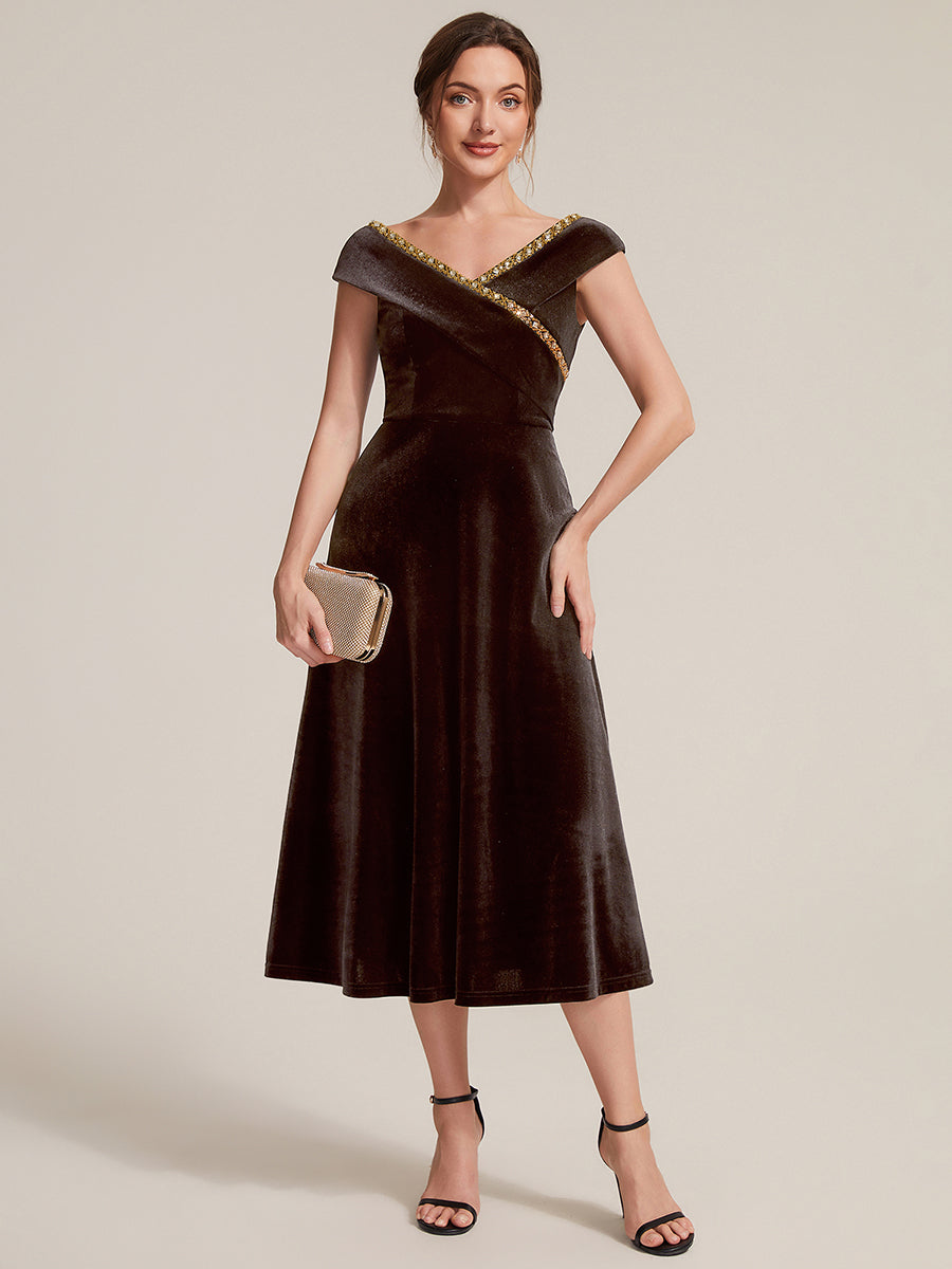 Samt V-Ausschnitt A-Linie Reißverschluss hinten Ohne Brustpolster, mit Futter. hochzeitsgastkleid #Farbe_Braun