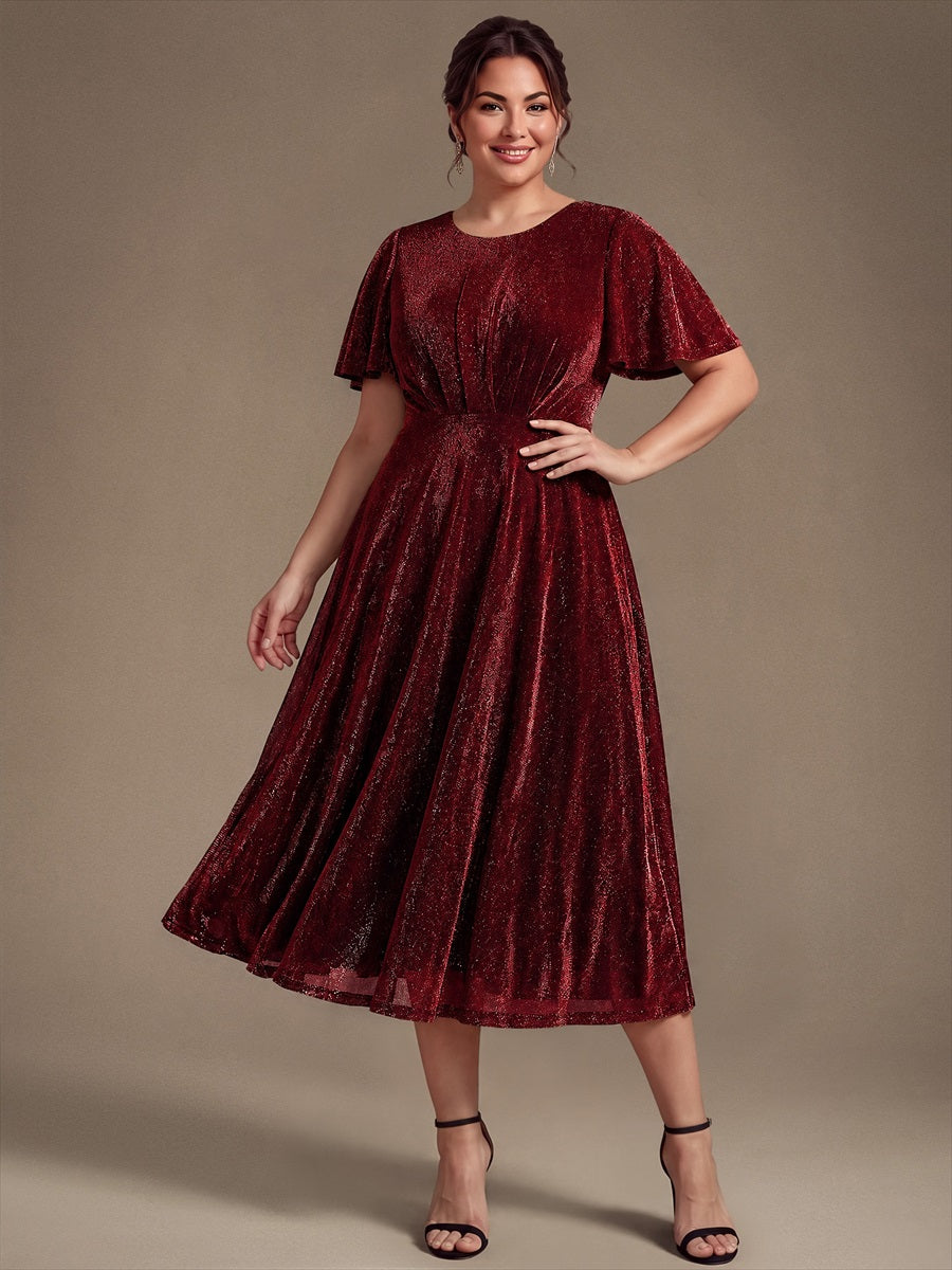 Midi Tea L?nge A Linie Kleid Runder Ausschnitt Lurex Netzstoff 3D Drapierung Eleganter Look #Farbe_Burgunderrot