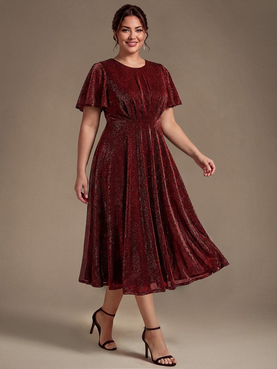 Midi Tea L?nge A Linie Kleid Runder Ausschnitt Lurex Netzstoff 3D Drapierung Eleganter Look #Farbe_Burgunderrot