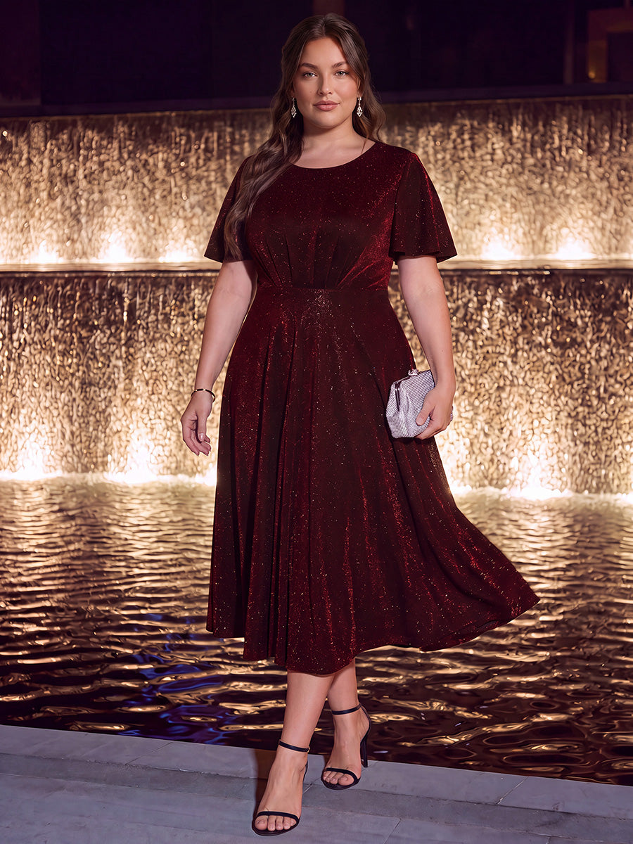 Midi Tea L?nge A Linie Kleid Runder Ausschnitt Lurex Netzstoff 3D Drapierung Eleganter Look #Farbe_Burgunderrot