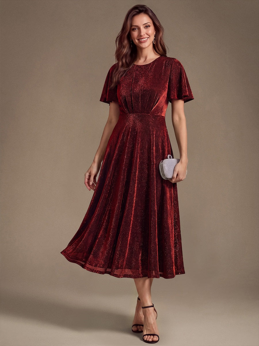 Midi Tea L?nge A Linie Kleid Runder Ausschnitt Lurex Netzstoff 3D Drapierung Eleganter Look #Farbe_Burgunderrot