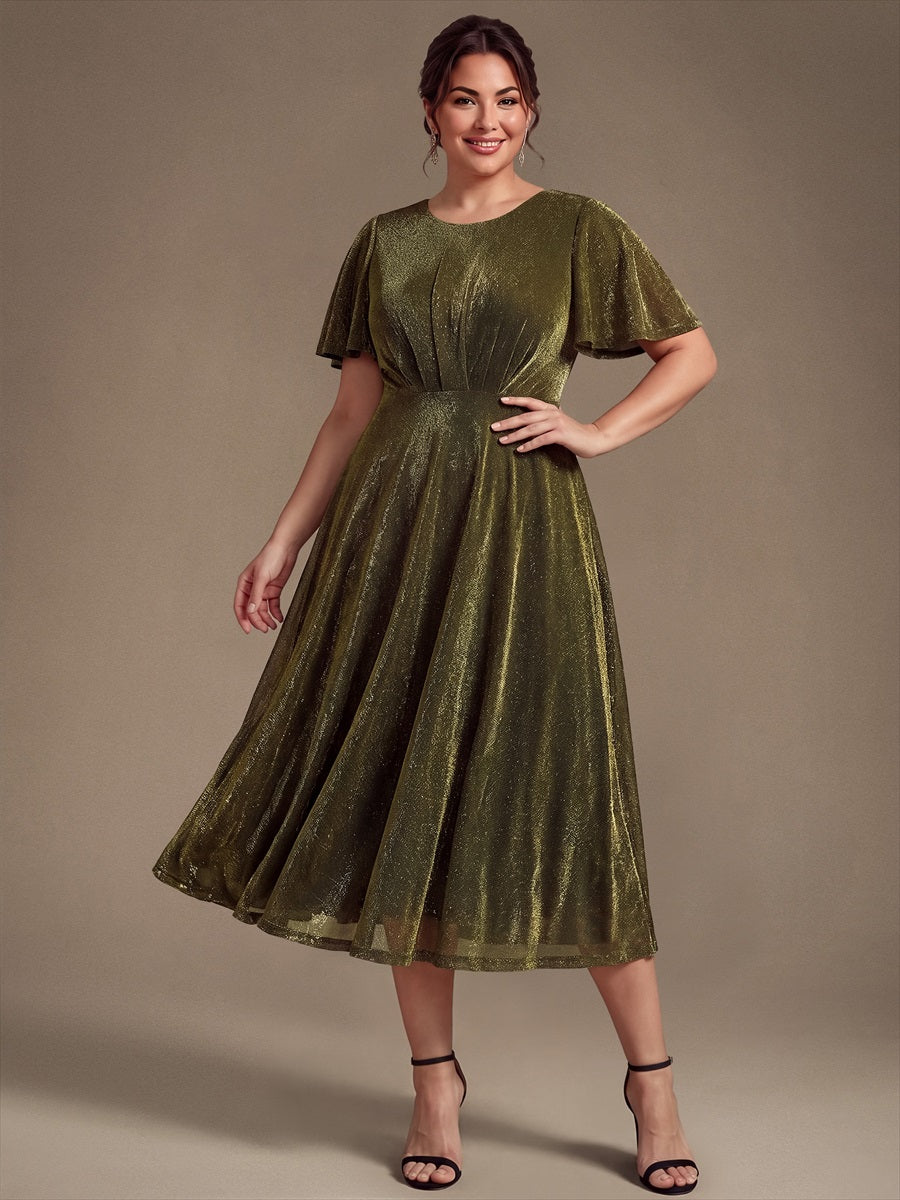Midi Tea L?nge A Linie Kleid Runder Ausschnitt Lurex Netzstoff 3D Drapierung Eleganter Look #Farbe_Goldmetallic