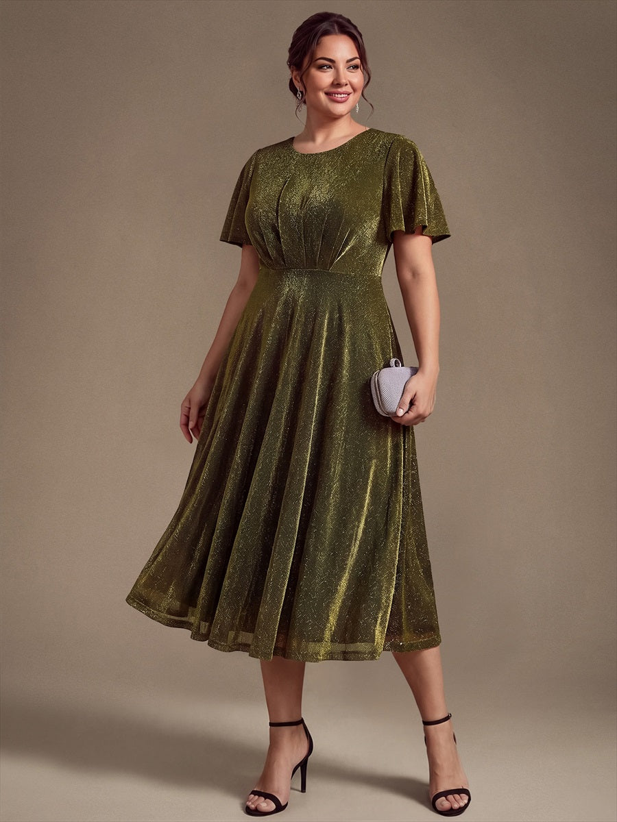 Midi Tea L?nge A Linie Kleid Runder Ausschnitt Lurex Netzstoff 3D Drapierung Eleganter Look #Farbe_Goldmetallic