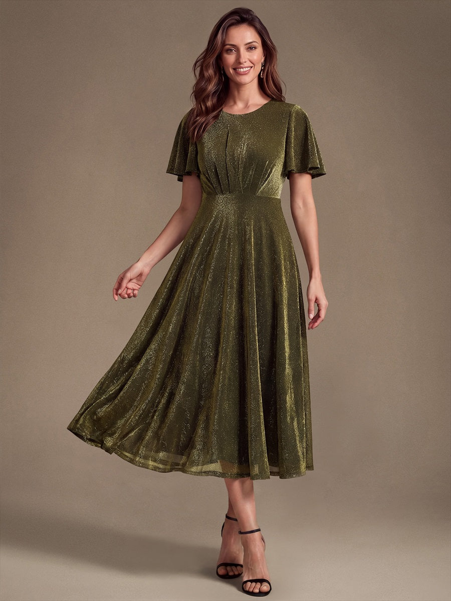 Midi Tea L?nge A Linie Kleid Runder Ausschnitt Lurex Netzstoff 3D Drapierung Eleganter Look #Farbe_Goldmetallic