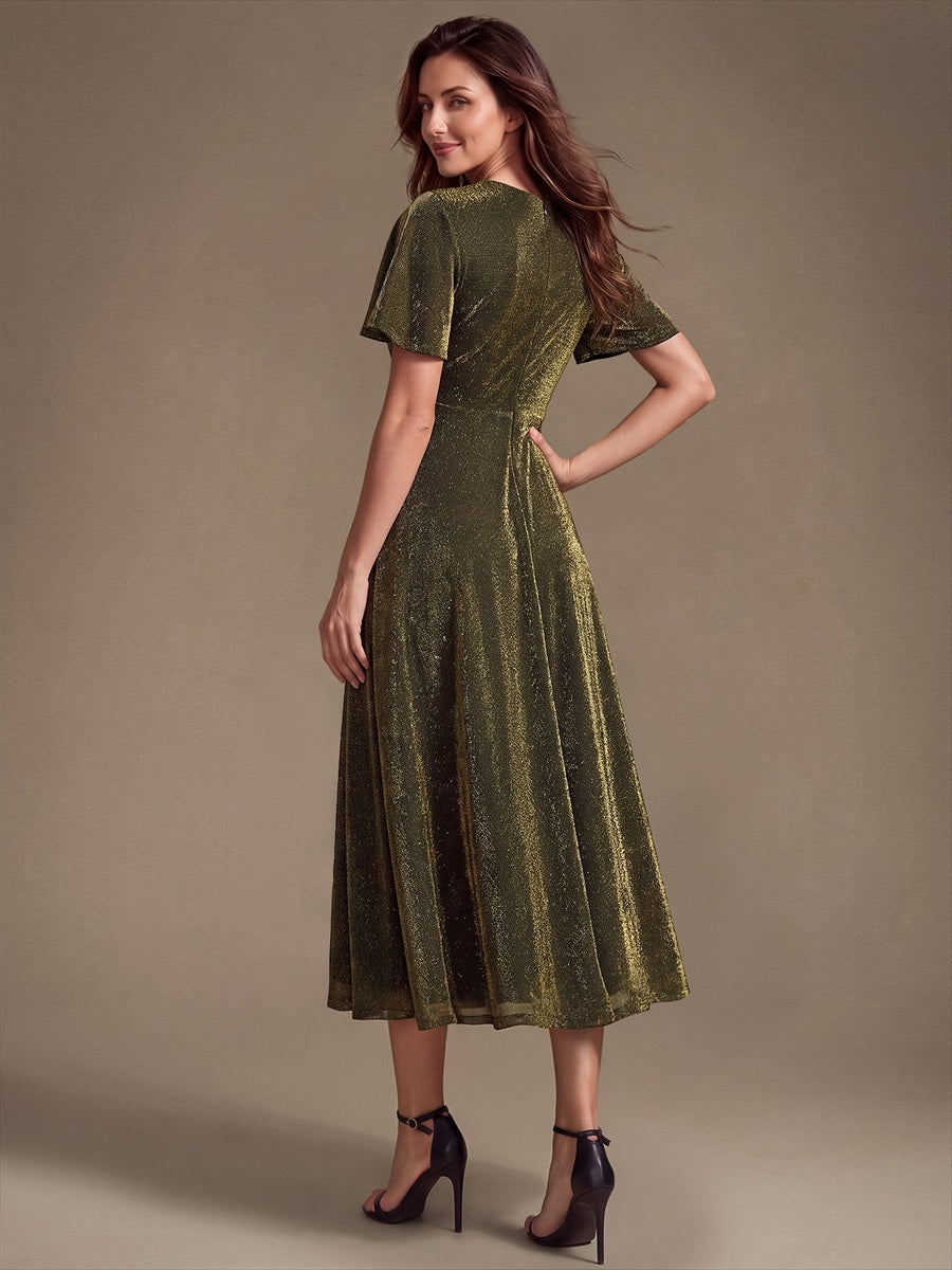 Midi Tea L?nge A Linie Kleid Runder Ausschnitt Lurex Netzstoff 3D Drapierung Eleganter Look #Farbe_Goldmetallic