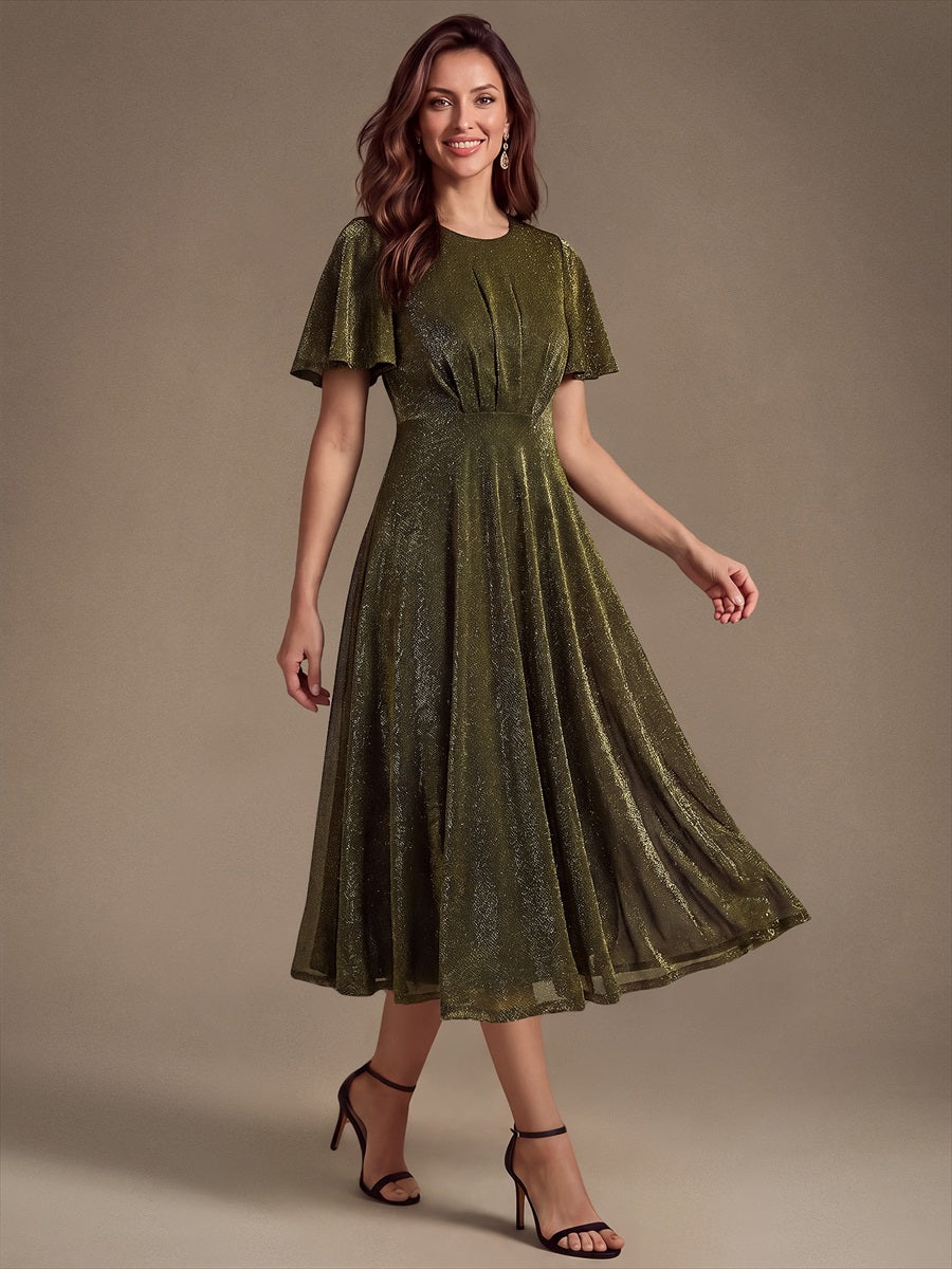 Midi Tea L?nge A Linie Kleid Runder Ausschnitt Lurex Netzstoff 3D Drapierung Eleganter Look #Farbe_Goldmetallic