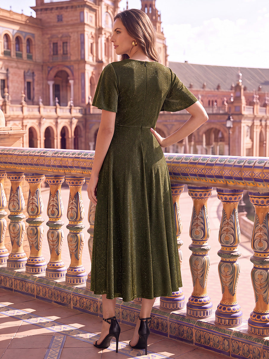 Midi Tea L?nge A Linie Kleid Runder Ausschnitt Lurex Netzstoff 3D Drapierung Eleganter Look #Farbe_Goldmetallic