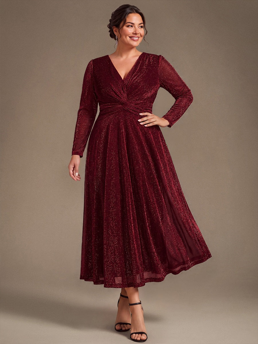 Tea Länge A Linie Kleid Mit Überkreuztem Ausschnitt Aus Lurex Netzstoff Perfekt Für Binden #Farbe_Burgunderrot