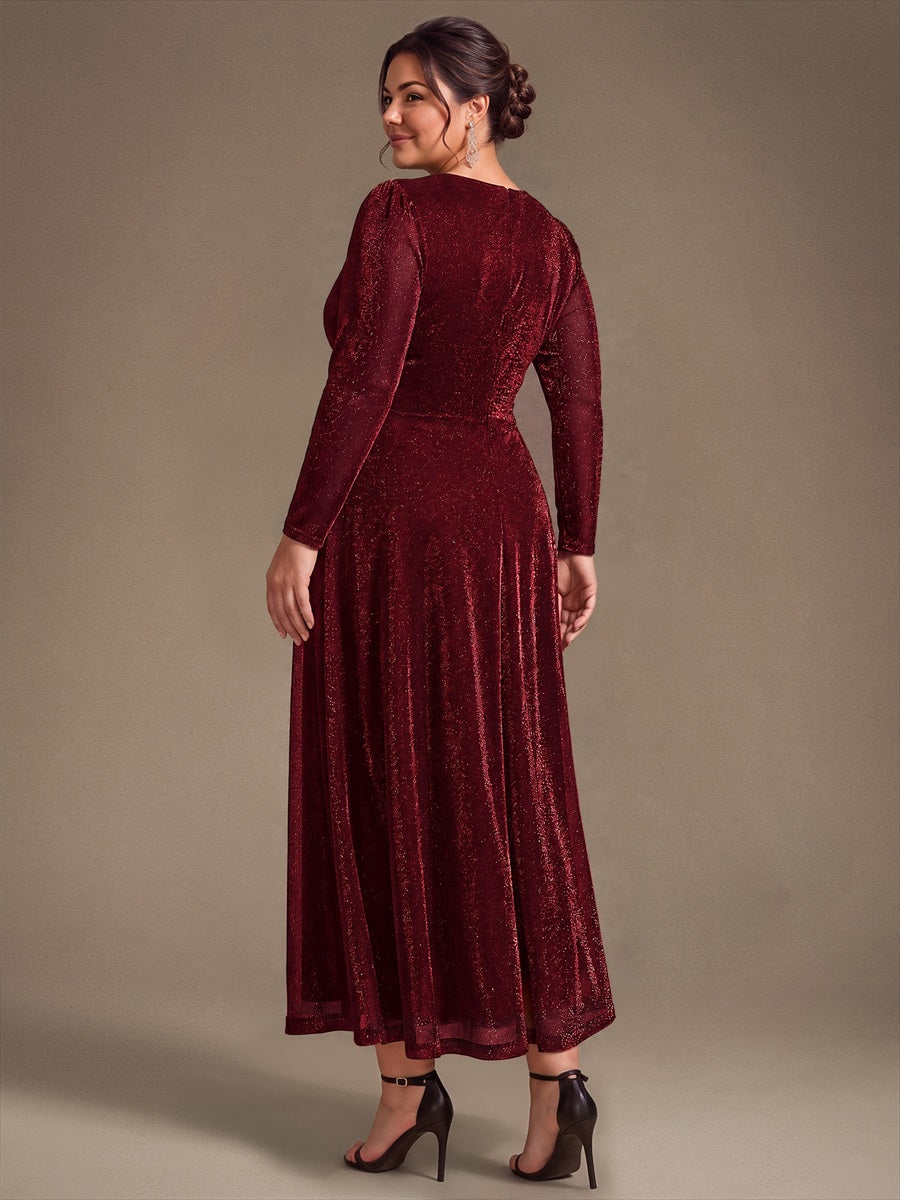 Tea Länge A Linie Kleid Mit Überkreuztem Ausschnitt Aus Lurex Netzstoff Perfekt Für Binden #Farbe_Burgunderrot