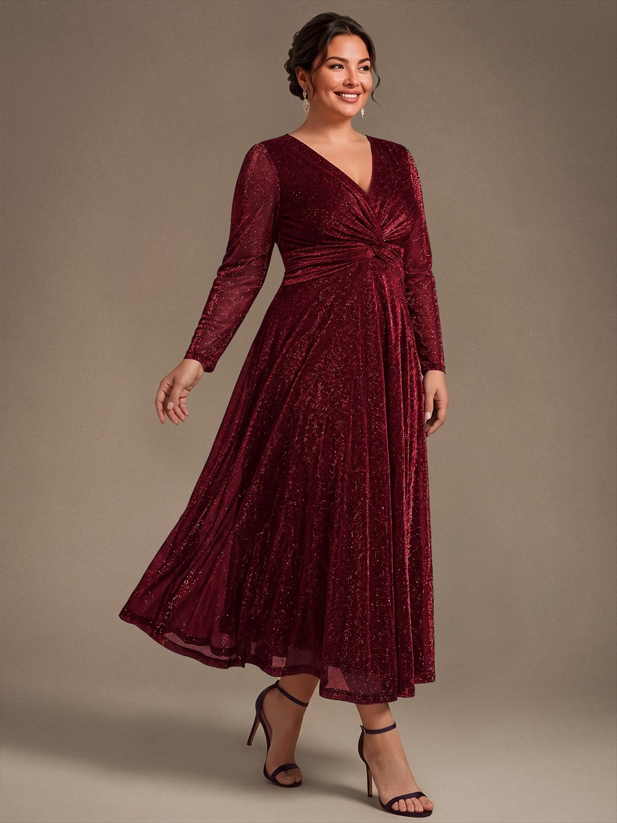 Tea Länge A Linie Kleid Mit Überkreuztem Ausschnitt Aus Lurex Netzstoff Perfekt Für Binden #Farbe_Burgunderrot