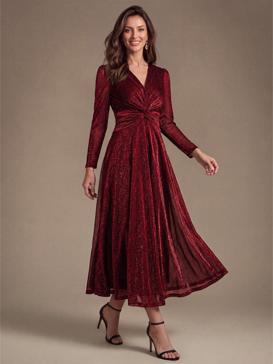 Tea Länge A Linie Kleid Mit Überkreuztem Ausschnitt Aus Lurex Netzstoff Perfekt Für Binden #Farbe_Burgunderrot
