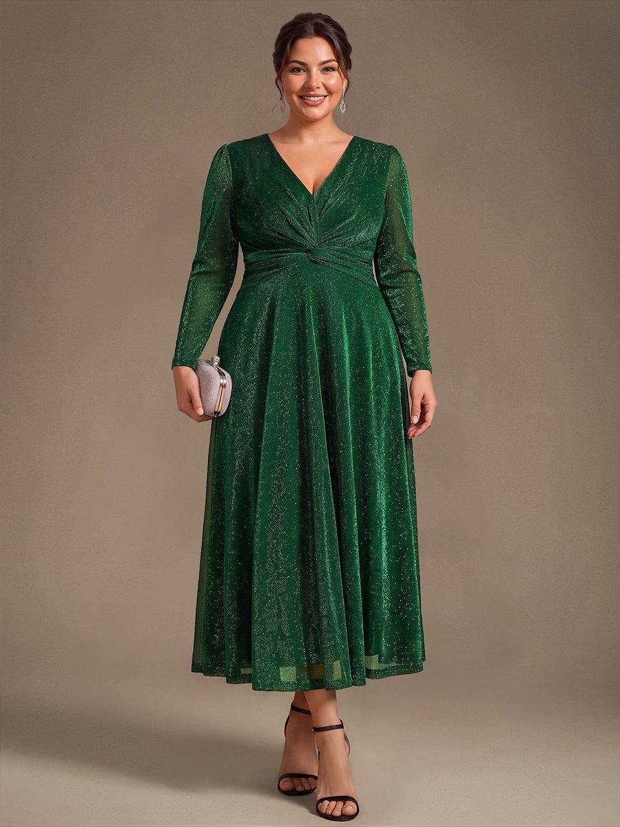 Tea Länge A Linie Kleid Mit Überkreuztem Ausschnitt Aus Lurex Netzstoff Perfekt Für Binden #Farbe_Dunkelgrün