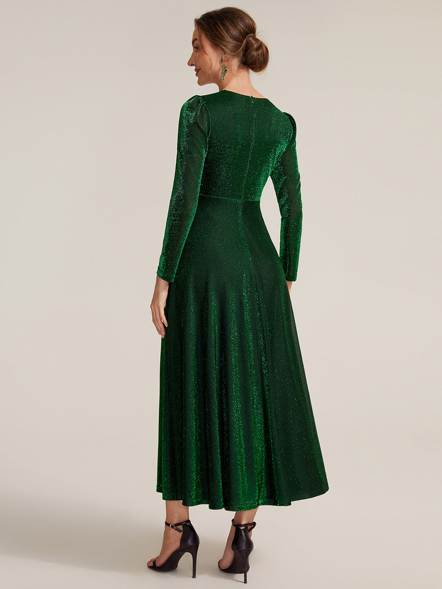 Tea Länge A Linie Kleid Mit Überkreuztem Ausschnitt Aus Lurex Netzstoff Perfekt Für Binden #Farbe_Dunkelgrün