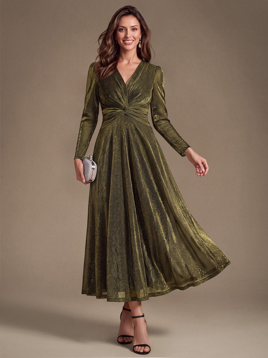 Tea Länge A Linie Kleid Mit Überkreuztem Ausschnitt Aus Lurex Netzstoff Perfekt Für Binden #Farbe_Goldmetallic