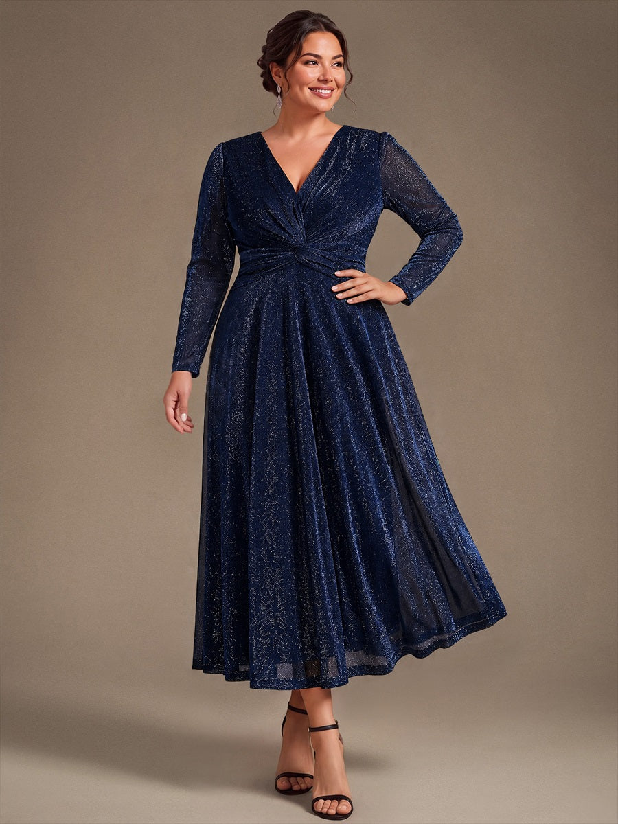 Tea Länge A Linie Kleid Mit Überkreuztem Ausschnitt Aus Lurex Netzstoff Perfekt Für Binden #Farbe_Marineblau