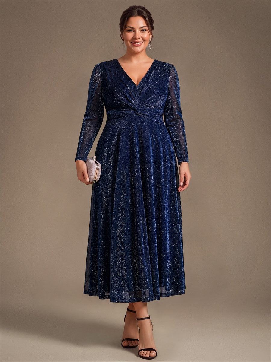 Tea Länge A Linie Kleid Mit Überkreuztem Ausschnitt Aus Lurex Netzstoff Perfekt Für Binden #Farbe_Marineblau