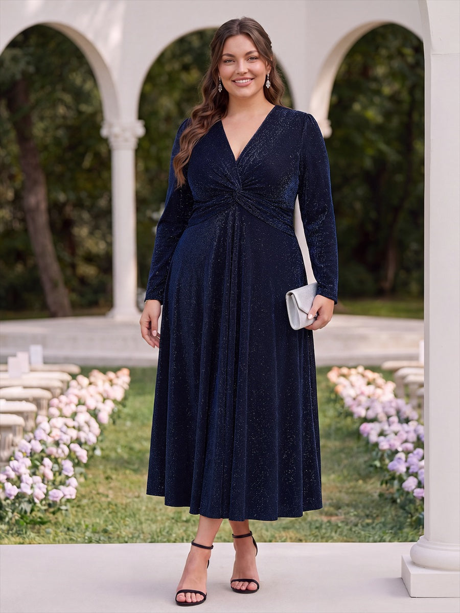Tea Länge A Linie Kleid Mit Überkreuztem Ausschnitt Aus Lurex Netzstoff Perfekt Für Binden #Farbe_Marineblau