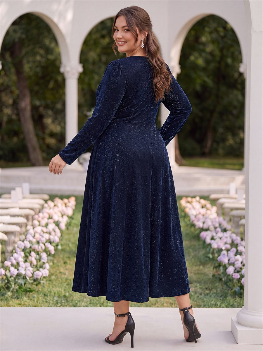Tea Länge A Linie Kleid Mit Überkreuztem Ausschnitt Aus Lurex Netzstoff Perfekt Für Binden #Farbe_Marineblau