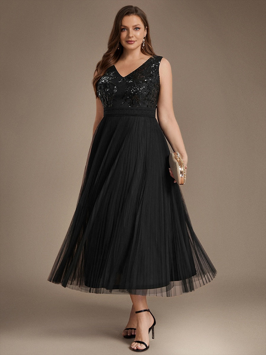 Maxilänge V-Ausschnitt A-Linien Kleid Aus Tüll Mit Pailletten Elegantes Abendkleid #Farbe_Schwarz