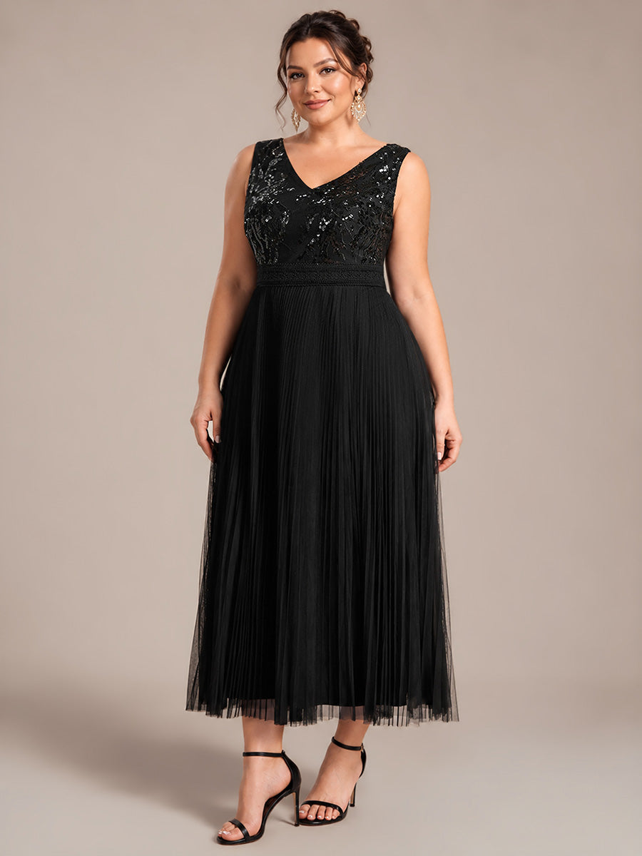 Maxilänge V-Ausschnitt A-Linien Kleid Aus Tüll Mit Pailletten Elegantes Abendkleid #Farbe_Schwarz