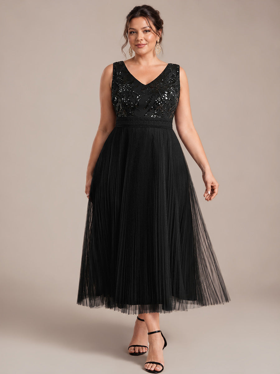 Maxilänge V-Ausschnitt A-Linien Kleid Aus Tüll Mit Pailletten Elegantes Abendkleid #Farbe_Schwarz