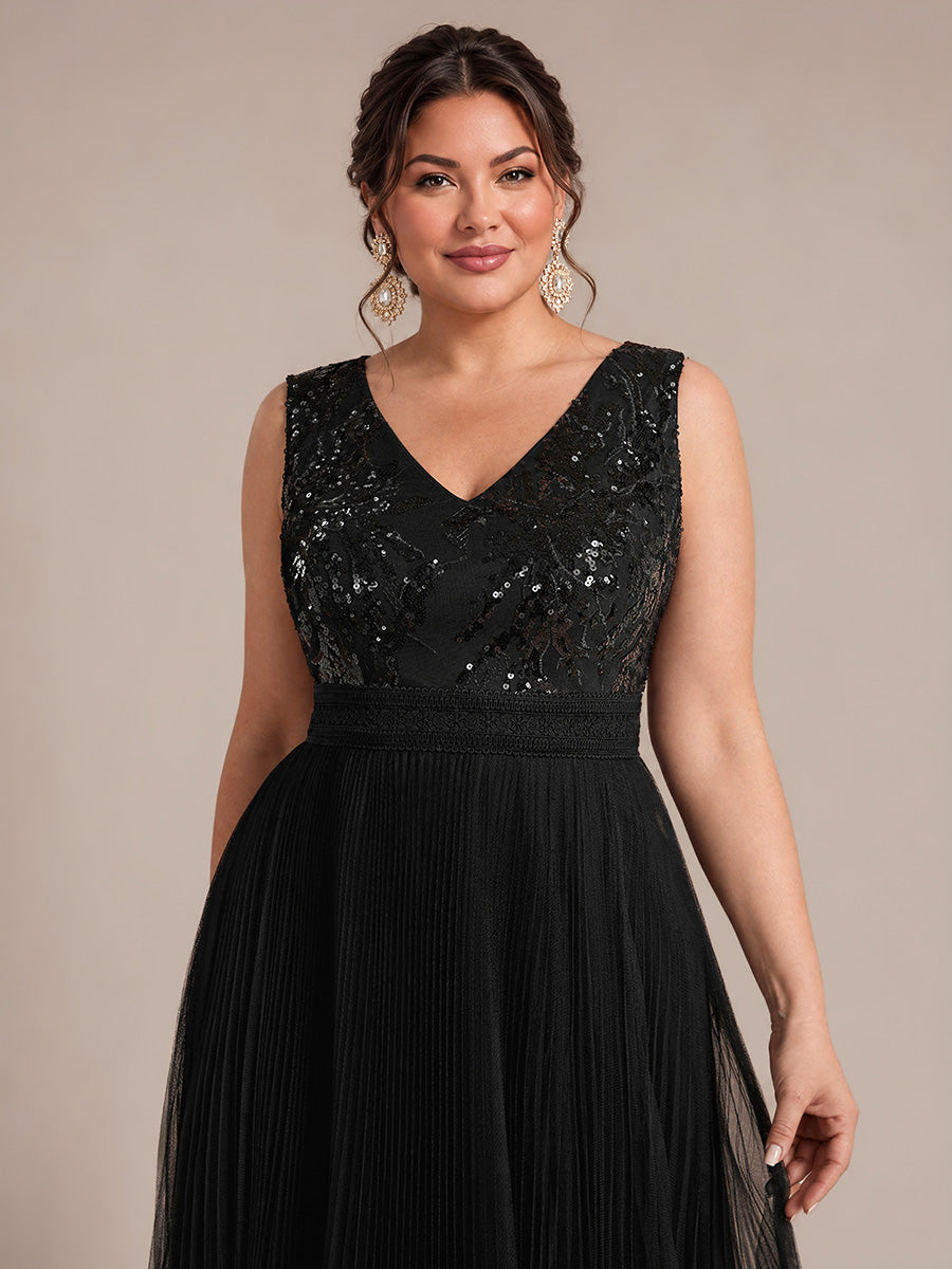 Maxilänge V-Ausschnitt A-Linien Kleid Aus Tüll Mit Pailletten Elegantes Abendkleid #Farbe_Schwarz